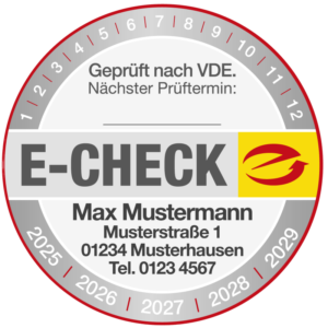 E-Check Zertifikat mit Informationen zum E-Check und Kontaktdaten von Max Mustermann.